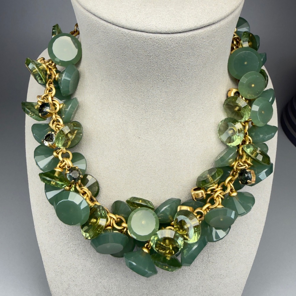 J.Crew Necklace Green Dangles Rhinestones Gold Tone 16" - 18" Maximalist